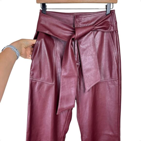 Lucy Paris Maroon Burgundy Faux Leather Cropped Bootcut High Waist Belted Pants - Picture 7 of 12